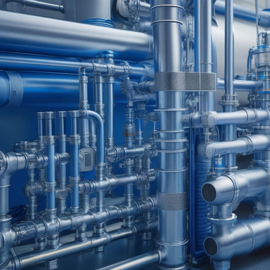An illustration of a modern, sleek, and efficient backflow system, with shiny silver pipes, gleaming valves, and a futuristic control panel, set against a clean, blue-grey background.