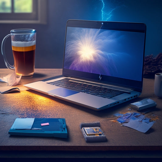 A frazzled cartoon HP laptop, with sparks flying out of its battery, surrounded by torn papers, broken pens, and a cracked coffee mug, set against a dark, stormy background with flashes of lightning.