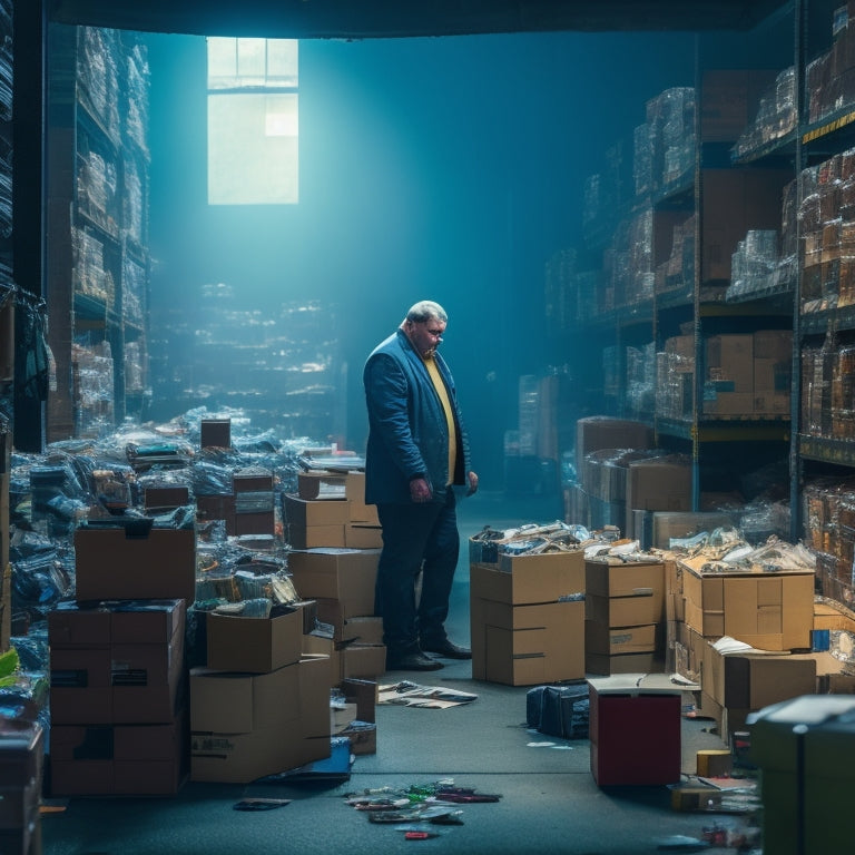 A cluttered, dimly lit warehouse with shelves overflowing with boxes, mismatched products scattered on the floor, and a lone, frazzled merchant standing amidst the chaos, surrounded by scattered papers and broken inventory scanners.