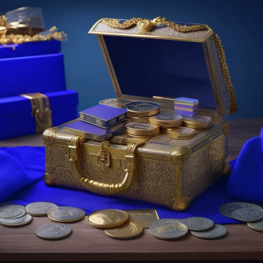 A treasure chest overflowing with gold coins, laptops, and tablets, surrounded by shopping bags and credit cards, with a subtle LinkedIn logo in the background, set against a dark blue or purple background.