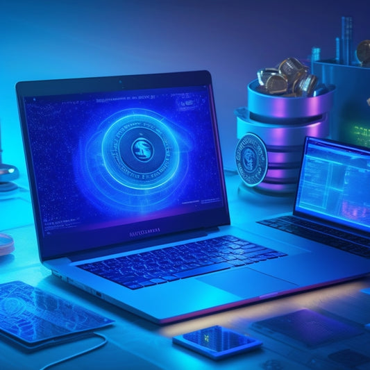 A futuristic, sleek, and modern illustration of a laptop with a glowing screen displaying a secure online payment portal, surrounded by orbiting digital coins, padlocks, and shields.