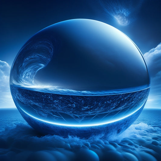 A futuristic, dark blue ocean wave crashes onto a sleek, silver commerce cloud shape, surrounded by orbiting spheres and glowing, electric blue circuits.