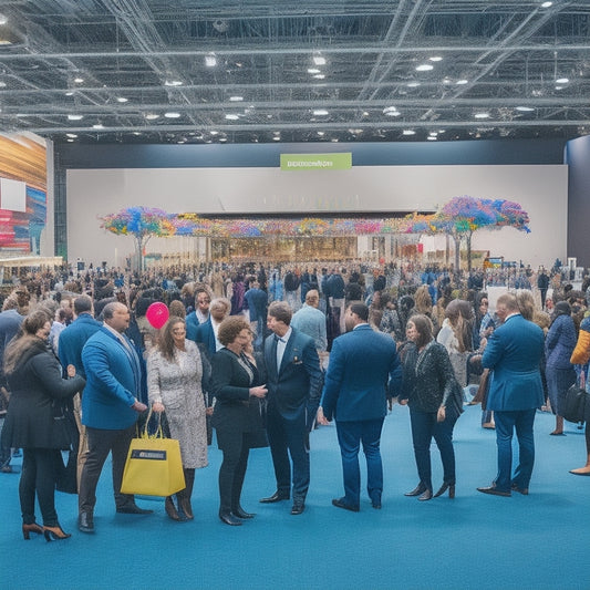 A bustling exhibition hall with diverse entrepreneurs of various ages, genders, and ethnicities engaging with innovative displays, shaking hands, and exchanging business cards amidst a vibrant backdrop of colorful balloons and spotlights.