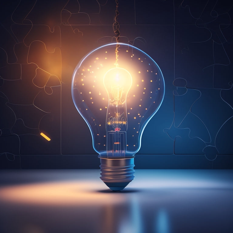 A futuristic, minimalist illustration featuring a stylized, glowing lightbulb at the center, surrounded by orbiting puzzle pieces and interconnected gears, symbolizing innovative sales content management.