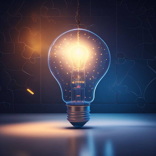 A futuristic, minimalist illustration featuring a stylized, glowing lightbulb at the center, surrounded by orbiting puzzle pieces and interconnected gears, symbolizing innovative sales content management.