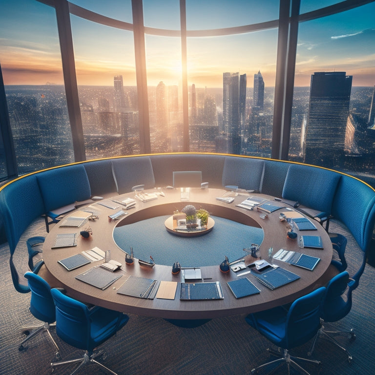 A stylized illustration of a modern conference room with a large, circular table surrounded by diverse industry leaders, laptops, and notepads, set against a backdrop of city skyscrapers at sunset.