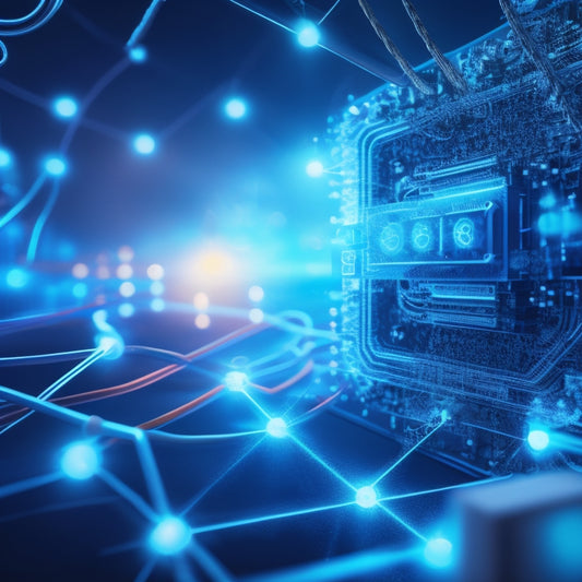 A stylized illustration of interconnected gears, puzzle pieces, and digital screens blending together seamlessly, surrounded by a subtle network of wires and circuits, set against a bright, gradient blue background.