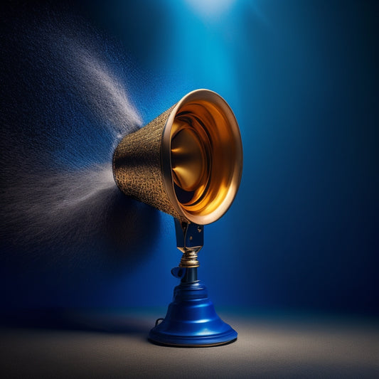 A bold, golden megaphone rising from a dark blue background, surrounded by shattered chains and broken locks, with a subtle gradient of light to dark, conveying liberation and empowerment.