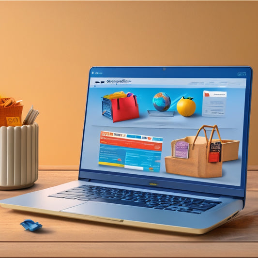 An illustration of a laptop screen displaying a digital storefront with various icons representing different download solutions, surrounded by e-commerce elements like shopping carts and packages.