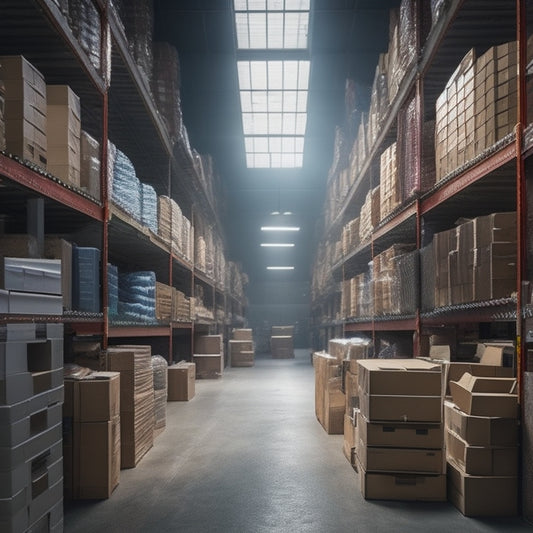 A cluttered warehouse with overflowing shelves and scattered boxes, contrasted with a tidy and organized warehouse in the background, with shelves labeled and inventory neatly stacked.
