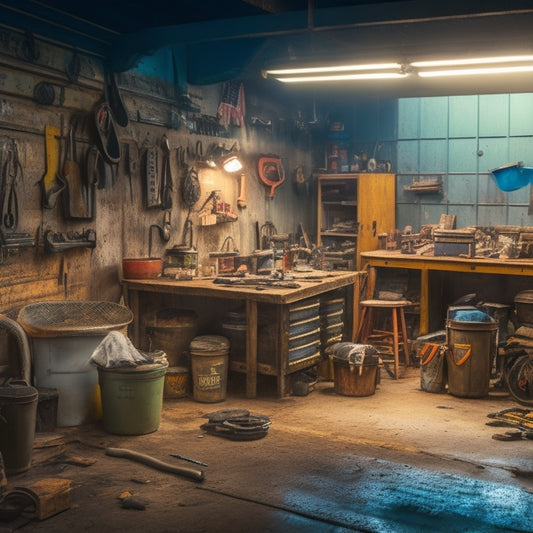 A dimly lit, cluttered garage workshop with scattered tools and car parts, a half-assembled 4x4 vehicle in the center, surrounded by dirty rags, wrenches, and oil-stained floors.