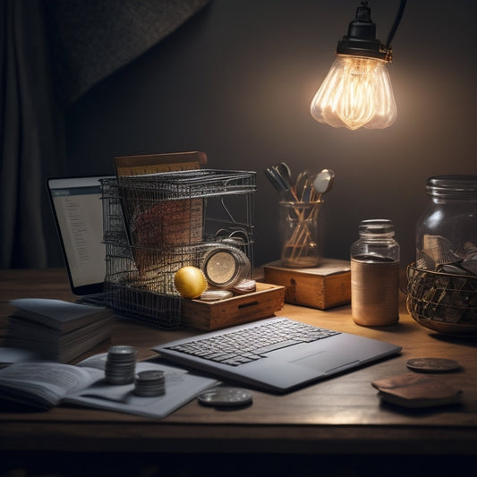 A laptop open on a clutter-free desk with a miniature shopping cart and a few coins spilling out, surrounded by scattered notebooks and a single, glowing lightbulb.