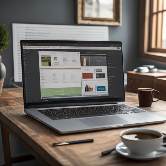 A laptop screen displaying a completed online course dashboard with various modules and progress bars, surrounded by scattered notebooks, pens, and a cup of coffee.
