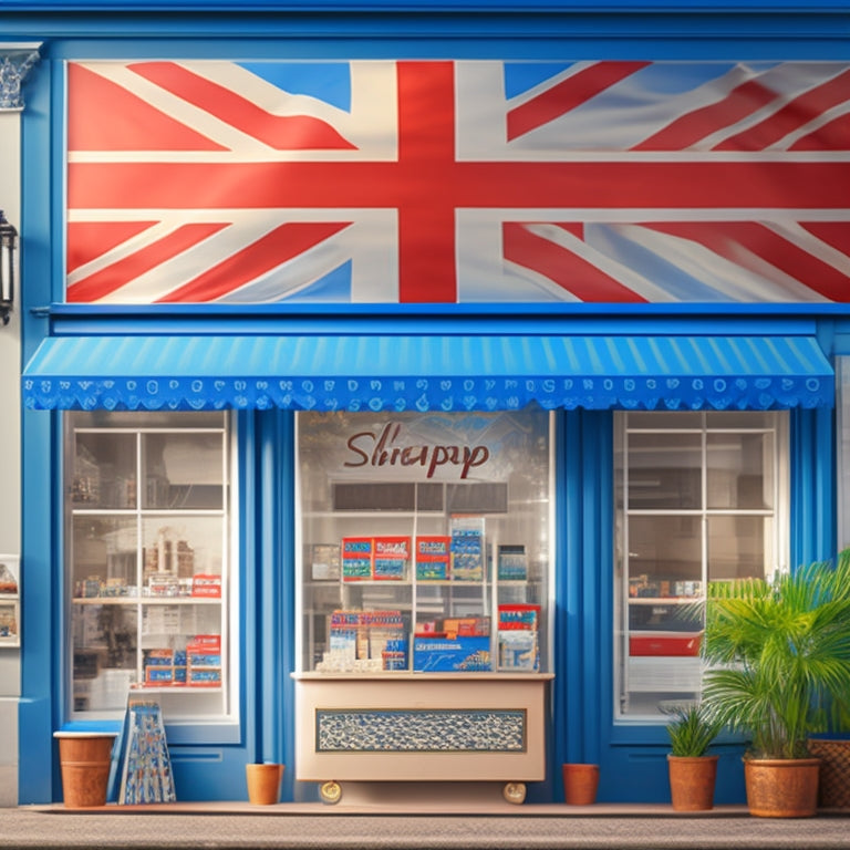 A stylized illustration of a small UK shopfront with a laptop and shipping boxes in the window, surrounded by icons of global landmarks and currency symbols, with a subtle Union Jack pattern in the background.
