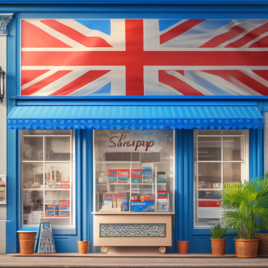 A stylized illustration of a small UK shopfront with a laptop and shipping boxes in the window, surrounded by icons of global landmarks and currency symbols, with a subtle Union Jack pattern in the background.