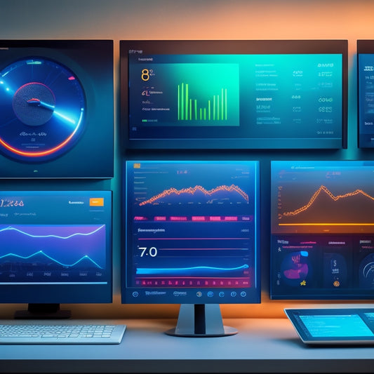 A futuristic ecommerce dashboard with various digital download icons (e.g. ebooks, software, music) and graphs illustrating sales growth, surrounded by sleek, modern gadgets and devices.