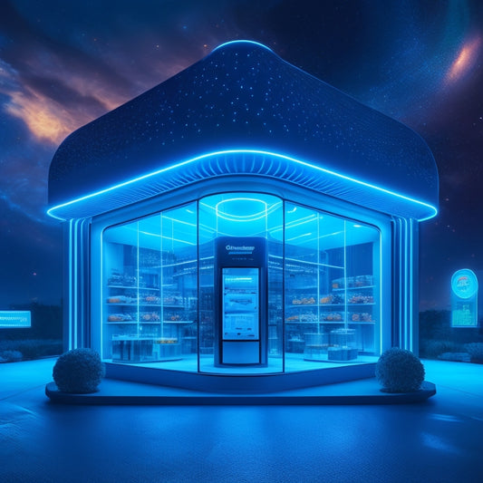 A futuristic, sleek Shopify storefront with glowing blue circuitry and neon lights, surrounded by orbiting app icons in various shapes and sizes, against a dark, starry night sky background.