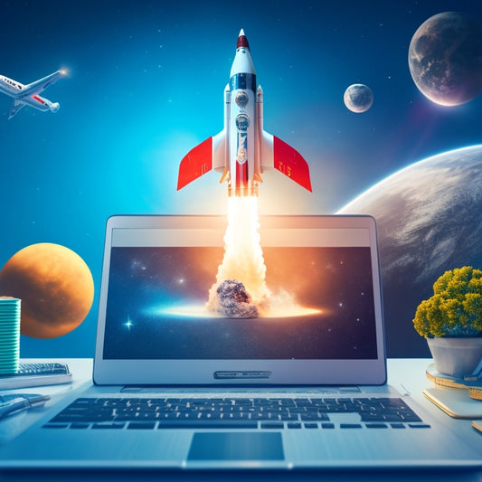 An illustration of a rocket ship blasting off, with a laptop and ecommerce icons in the cockpit, surrounded by orbiting circles representing planning, design, development, testing, and launch.