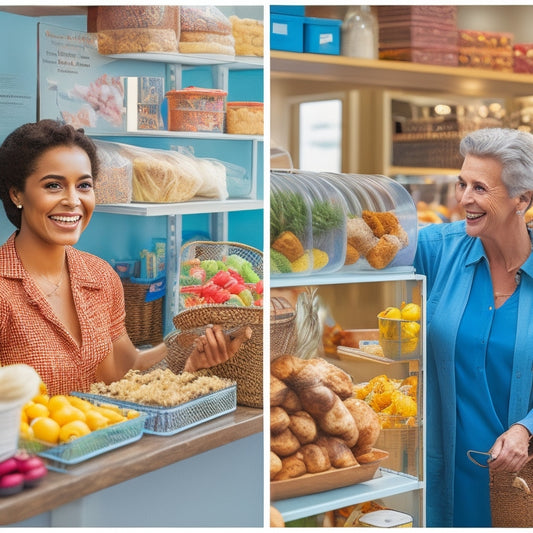 A split-screen image: on the left, a disappointed customer holding a returned item, surrounded by cluttered shelves and dim lighting; on the right, a smiling customer exchanging the item for a new one, amidst organized racks and bright, sunny windows.