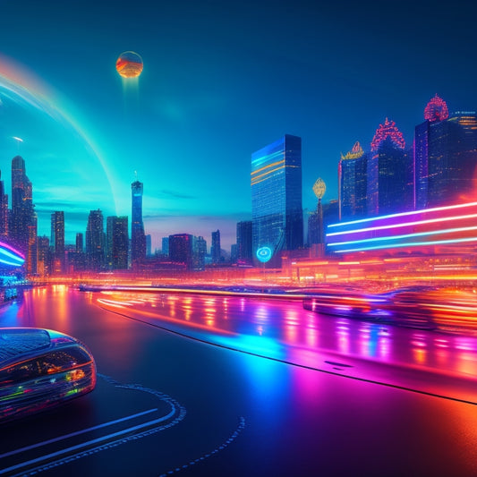 A futuristic, neon-lit cityscape at dusk with various payment method logos (e.g., credit cards, digital wallets, cryptocurrencies) swirling around a central, glowing online storefront, surrounded by orbiting shopping carts.