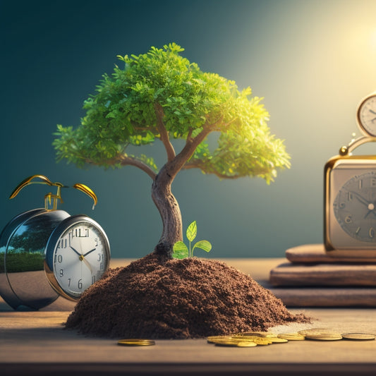An illustration of a small sapling transforming into a lush, blooming tree, with coins and shopping bags sprouting from its branches, surrounded by a speedy clock and a graph trending upward.
