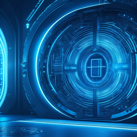 A futuristic, high-tech background with a large, glowing digital lock at its center, surrounded by orbiting circles of 1s and 0s, and subtle, pulsing blue lines resembling circuitry.
