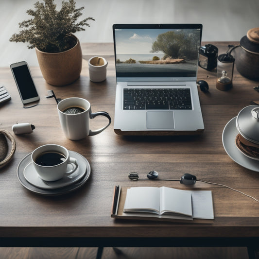 A minimalist desktop scene featuring a laptop with an open online course platform, surrounded by various ecommerce tools such as a tablet, headphones, notebook, and a cup of coffee, on a wooden table.
