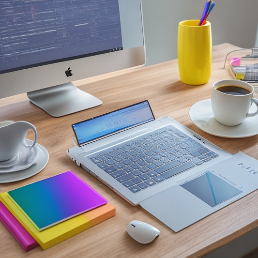 A minimalist desk with a sleek laptop, a cup of steaming coffee, and a few colorful pens scattered around a half-designed digital planner on the screen, surrounded by inspirational sticky notes.