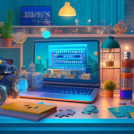 A stylized illustration of a laptop screen displaying a digital storefront with various downloadable products, surrounded by puzzle pieces, gears, and lightbulbs, conveying strategy and innovation.