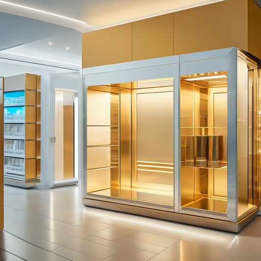A futuristic, metallic Amazon package bursts open, revealing a radiant, golden light that transforms into a sleek, modern storefront with sleek shelves and minimalist product displays.