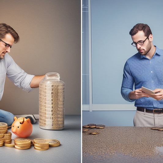 A split-screen image featuring a puzzled person surrounded by scattered coins and broken piggy banks on one side, and a confident individual standing in front of a neat, tiered pricing chart on a whiteboard on the other.