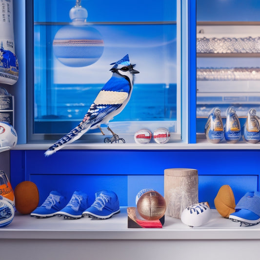 A colorful storefront display featuring a blue jay perched on a shelf amidst a backdrop of blue and white apparel, caps, and baseballs, with subtle hints of the CN Tower in the background.
