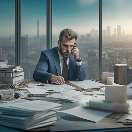 An illustration of a merchant, surrounded by scattered papers and broken tablets, looking confused, with a subtle cityscape in the background, transitioning into a clean and organized digital dashboard.