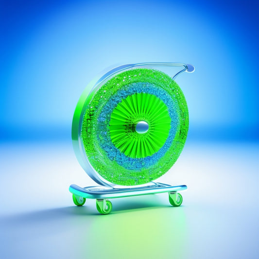 A shield with a shopping cart emblem at its center, surrounded by glowing, swirling patterns of green and blue, conveying trust and reliability, on a clean white background.