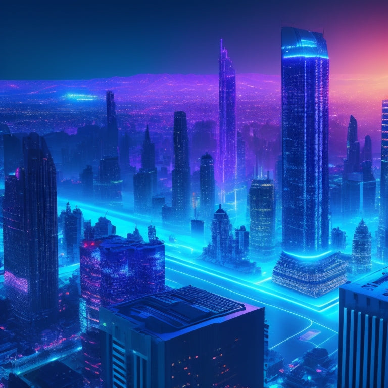 A futuristic, neon-lit cityscape with sleek skyscrapers, holographic screens, and levitating gadgets, set against a dark blue gradient background with subtle circuit board patterns.