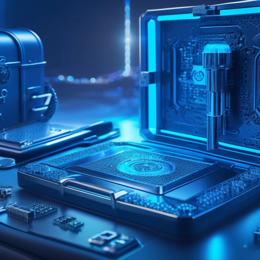A futuristic, sleek key unlocking a padlock on a briefcase, surrounded by ascending arrows, gears, and circuit boards, set against a dark blue background with neon blue accents.