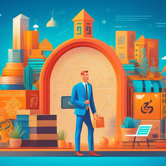 A stylized illustration of a merchant standing in front of a laptop, surrounded by e-commerce icons and symbols, with a maze in the background that transforms into a clear path forward.