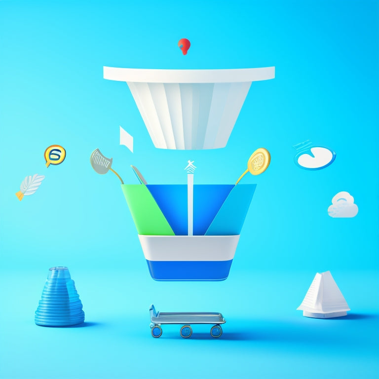 A stylized illustration of a sales funnel with ascending arrows and growing dollar signs, surrounded by minimalist shopping bags and subtle e-commerce icons, set against a clean, pastel blue background.