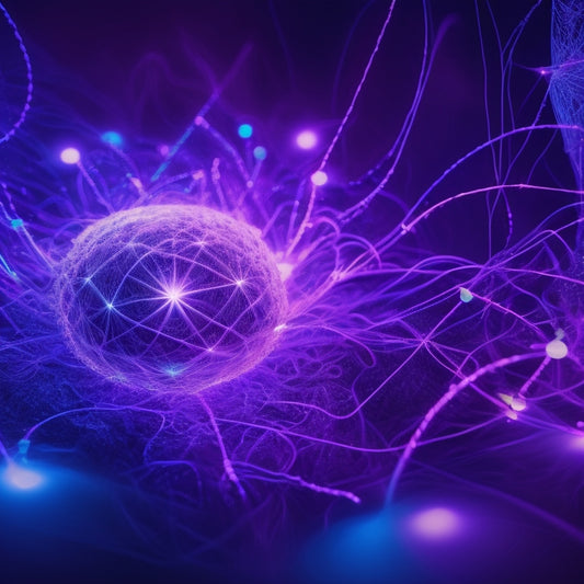 A futuristic, swirling vortex of blue and purple lights, with glowing white nodes and threads, forming a complex network, surrounded by floating 1s and 0s, in a dark, neon-lit background.