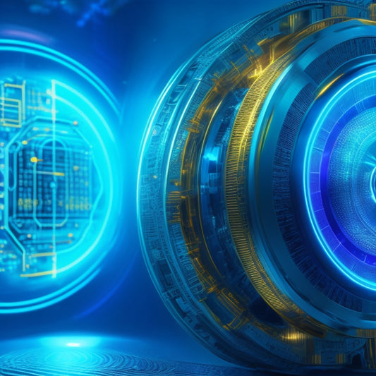 A futuristic, high-tech background with neon blue circuits and wires, featuring a large, golden combination lock with a glowing, cracked code wheel at its center, surrounded by tiny, swirling data points.