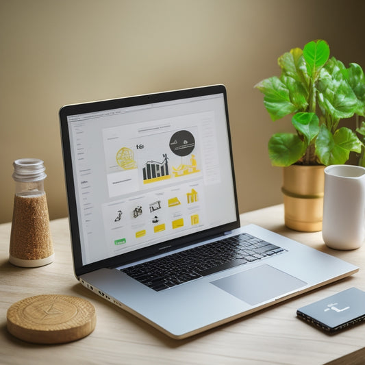 An illustration of a laptop displaying an ecommerce website with a subtle arrow pointing upwards, surrounded by icons of puzzle pieces, lightbulbs, and growth charts, on a clean, minimalist background.
