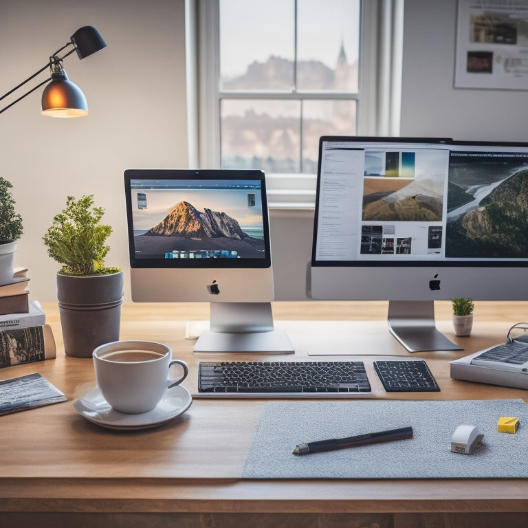 A bright, modern desk with a laptop and a few sheets of paper, surrounded by scattered icons of digital products (ebook, software, audio file) and a subtle arrow pointing upwards, symbolizing growth.