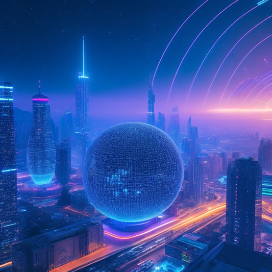 A futuristic, neon-lit cityscape with sleek, minimalist skyscrapers and holographic advertisements, surrounded by orbiting digital orbs and wispy circuits, conveying innovation and technological advancement.