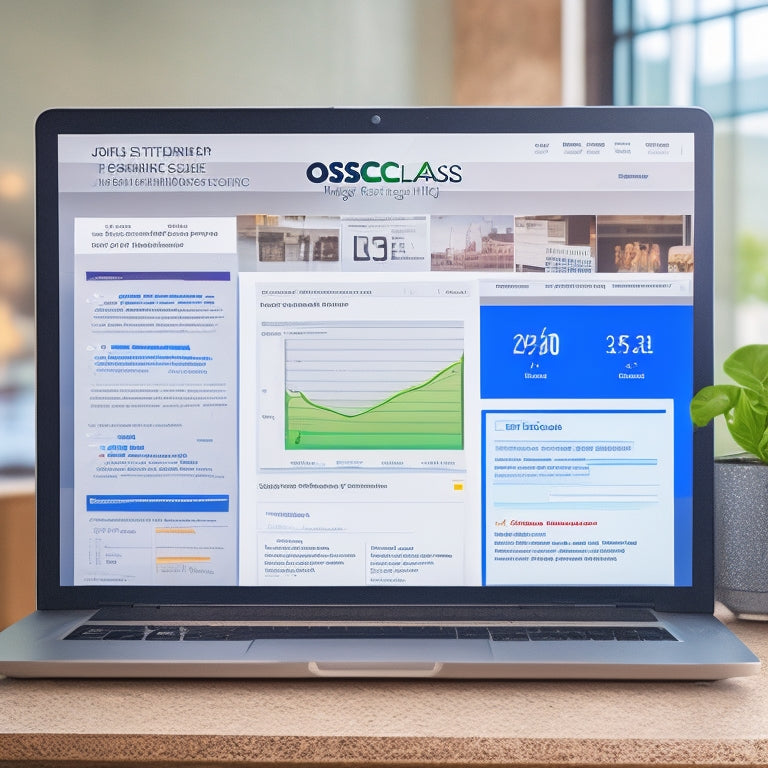 An illustration of a laptop screen displaying a job posting website built on Osclass, with various plugin icons and graphs in the background, showcasing increased job postings and engagement metrics.