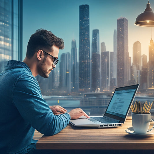 An illustration of a skilled developer sitting in front of a laptop, surrounded by coding books and coffee cups, with a Shopify storefront on the screen, and a cityscape of successful online stores in the background.