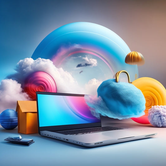 A colorful, futuristic illustration of a laptop screen displaying a virtual storefront, surrounded by swirling clouds of 1s and 0s, with floating digital products and shopping bags orbiting around it.