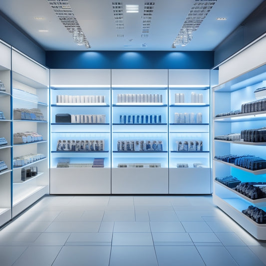 A futuristic retail store interior with sleek, minimalist shelves and a seamless digital interface on walls, displaying real-time inventory and customer data, surrounded by efficient, robotic assistants.