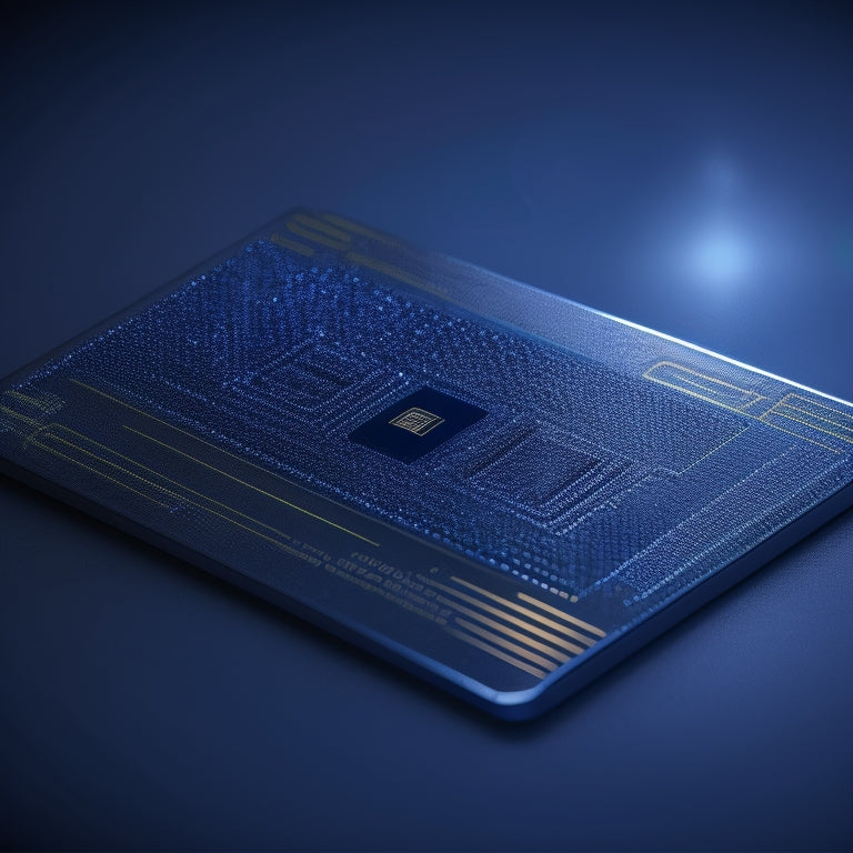 A futuristic, sleek, silver smart card with a microchip and golden contact points, placed on a reflective, dark blue surface, surrounded by subtle, glowing circuit patterns and minimalist, modern e-commerce icons.