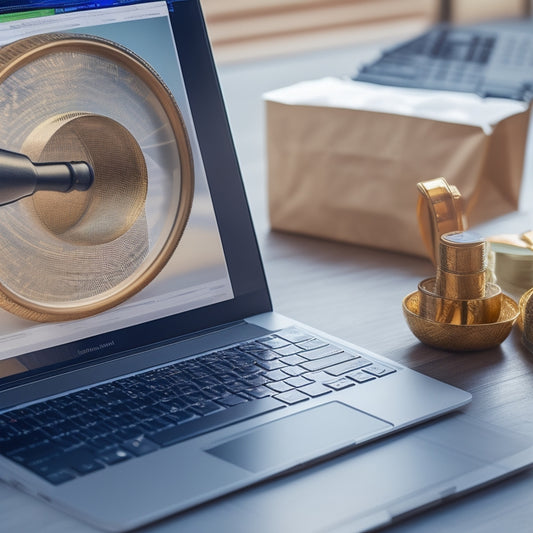 An illustration of a magnifying glass zooming in on a laptop screen displaying a digital storefront, with subtle hints of shopping bags, money, and analytics graphs in the background.