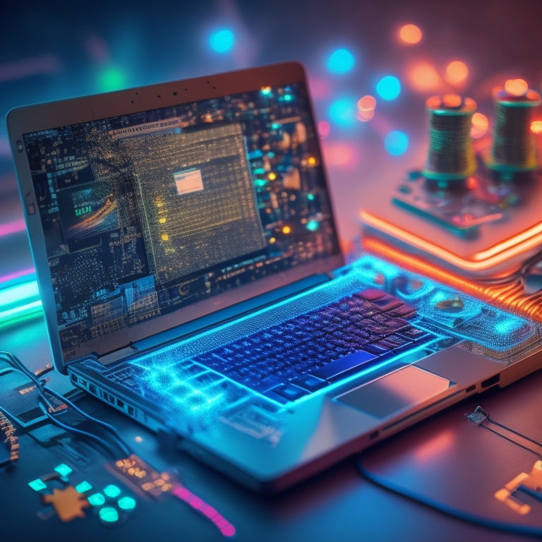 A stylized illustration of a laptop with a glowing download symbol above it, surrounded by puzzle pieces fitting together, with a subtle background of circuit boards and wires.